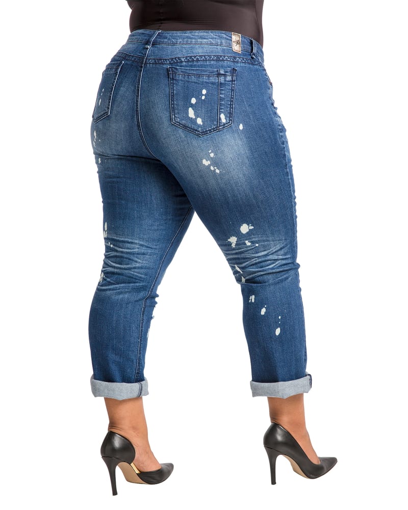 Back of a model wearing a size 14 Jennifer Rolled Cuff Boyfriend Jeans in Blue Hurricane by Poetic Justice. | dia_product_style_image_id:275463